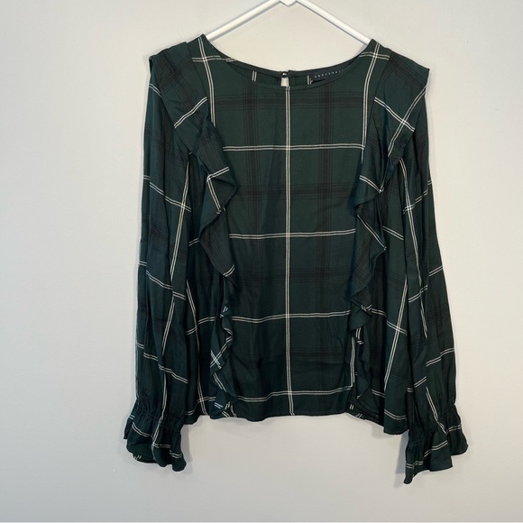 Sanctuary Shirt Womens Extra Small Green Blue Plaid Ruffle Long Sleeve Blouse - Picture 1 of 8